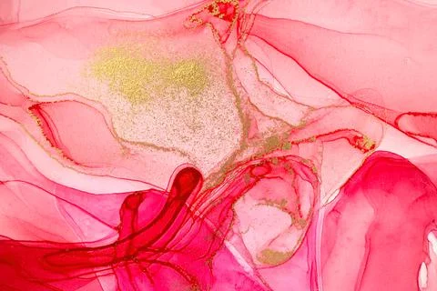 Abstract layers of red paint background. Pink and gold watercolor pattern. Stock Illustration