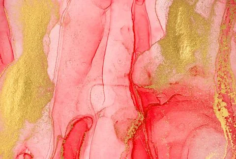 Abstract layers of red paint background. Pink and gold watercolor pattern. Stock Illustration