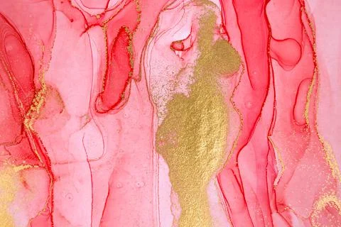 Abstract layers of red paint background. Pink and gold watercolor pattern. Stock Illustration