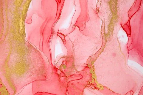 Abstract layers of red paint background. Pink and gold watercolor pattern. Stock Illustration