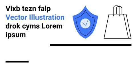 Abstract layout with blue shield and checkmark, shopping bag illustration, pl Stock Illustration