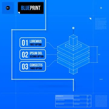 Abstract layout template in blueprint style with three numbered options and i Stock Illustration
