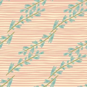 Abstract leaf branch seamless pattern on stripes. Vintage floral background.  Stock Illustration