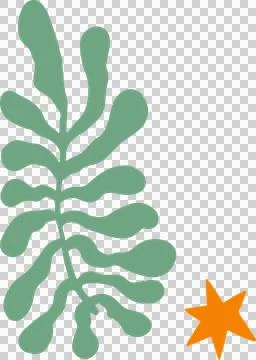 Abstract leaf is floating in flat design with green lobes and orange star on Stock Illustration