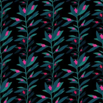 Abstract leaf seamless pattern on black background. Wild berry endless wallpa Stock Illustration