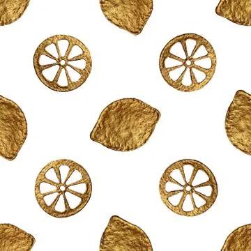 Abstract lemon pattern. Gold hand painted seamless background. Citrus fruit.. Stock Illustration
