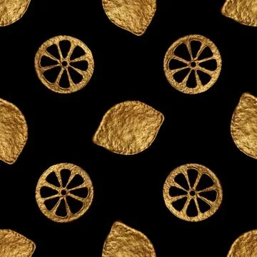 Abstract lemon pattern. Gold hand painted seamless background. Citrus fruit.. Stock Illustration