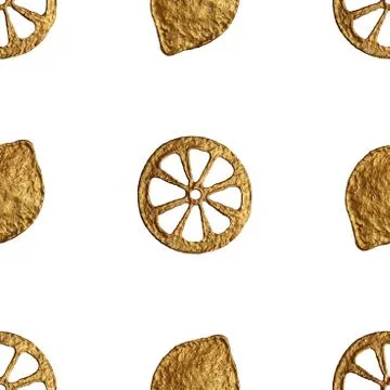 Abstract lemon pattern. Gold hand painted seamless background. Citrus fruit Stock Illustration