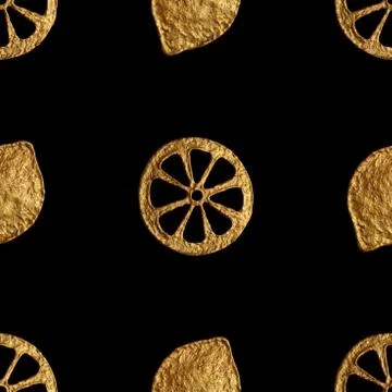 Abstract lemon pattern. Gold hand painted seamless background. Citrus fruit Stock Illustration