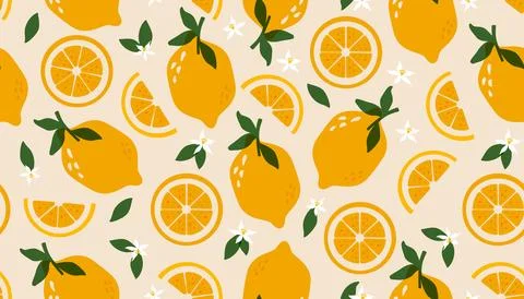 Abstract lemon pattern. Seamless print of lemons citrus fruits with leaves Stock Illustration
