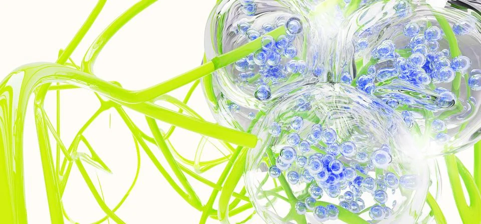 Abstract light 3d background with green slime and liquid transparent drops with Illustrazione stock