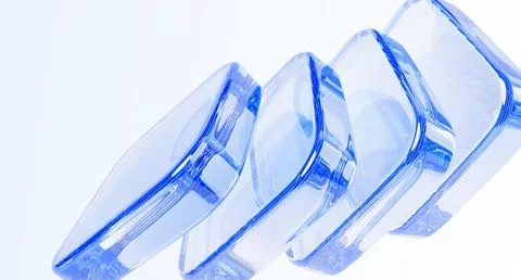 Abstract light blue 3d background with glass transparent square shapes in row Illustrazione stock