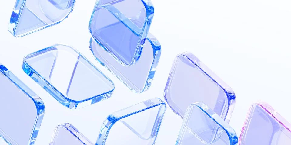 Abstract light blue 3d background with glass transparent square plate shapes Illustrazione stock