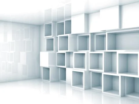 Abstract light blue 3d interior with cubes shelves Stock Illustration