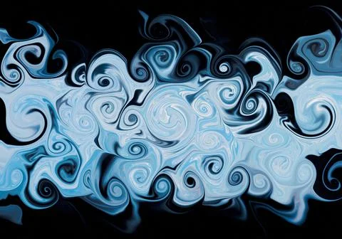 Abstract light blue and white fluid liquid swirling marble texture on black b Stock-Illustration