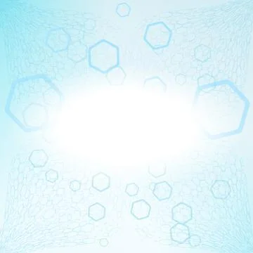 Abstract light blue background with hexagon shapes and nets, glow in the cent Stock Illustration