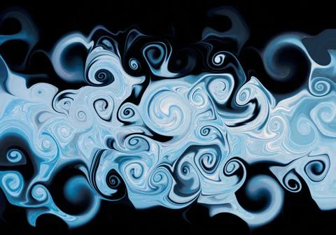 Abstract light blue,white fluid liquid swirling marble texture on black backdrop Stock Illustration