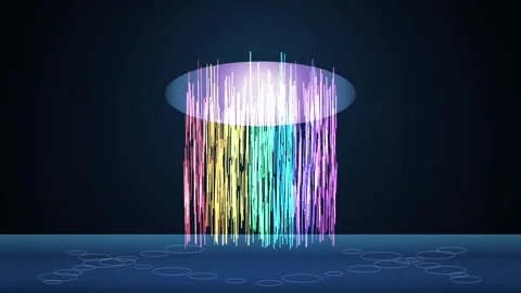 Abstract light columns with vibrant rainbow colors rising from a blue surfa.. Stockbeeldmateriaal 346069058
