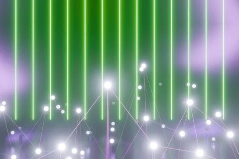 Abstract light display with green vertical lines and glowing white dots Illustrazione stock