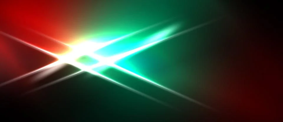 Abstract light flares intersect. Red, green hues dominate dark background. Stock Illustration