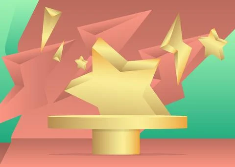 Abstract light red, turquoise and gold cylinder pedestal podium. Stage show.. Stock Illustration