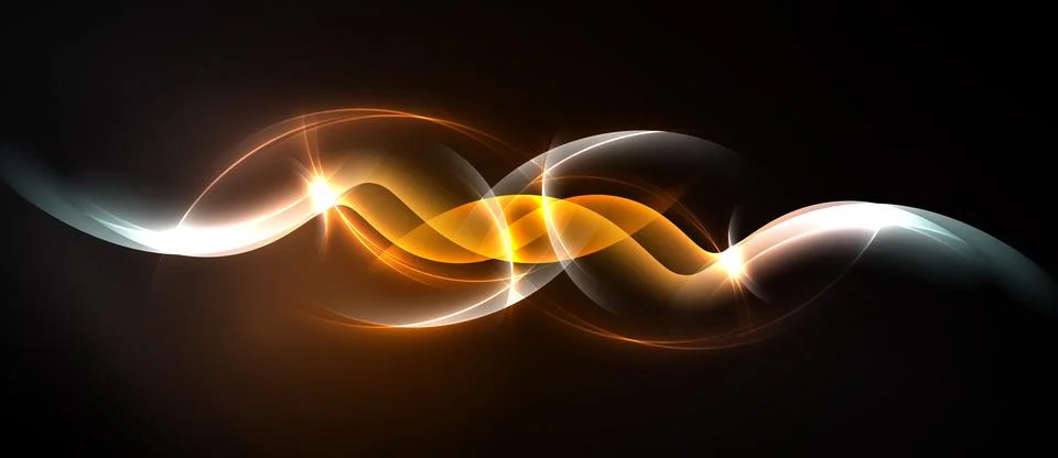 Abstract light waves, orange, white, flowing forms. Dynamic energy radiates.. Stock Illustration