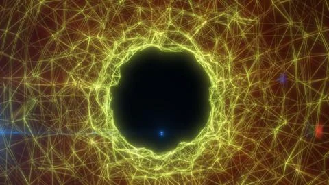 Abstract lime and yellow digital mesh surrounding a dark circular void, sym.. Stock Illustration