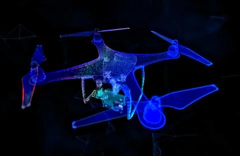 Abstract line and point drone. Drone flying with action video camera on dark Stock Illustration