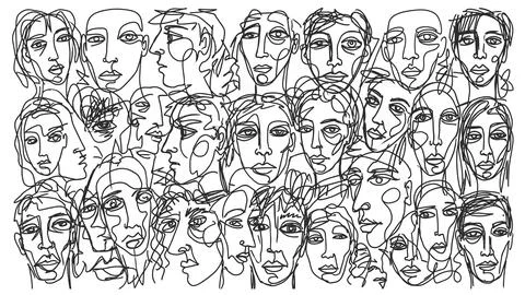 Abstract line art faces pattern in continuous marker style Stock Illustration
