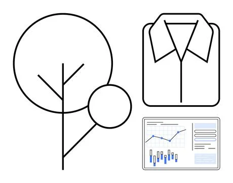 Abstract line art featuring tree, shirt collar, and digital graph interface.. Stock Illustration