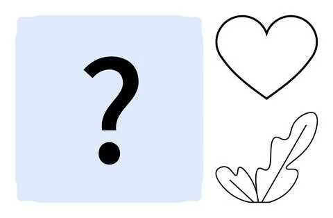 Abstract Line Art with Question Mark, Heart, and Leaf on Soft Blue Square B.. Illustrazione stock