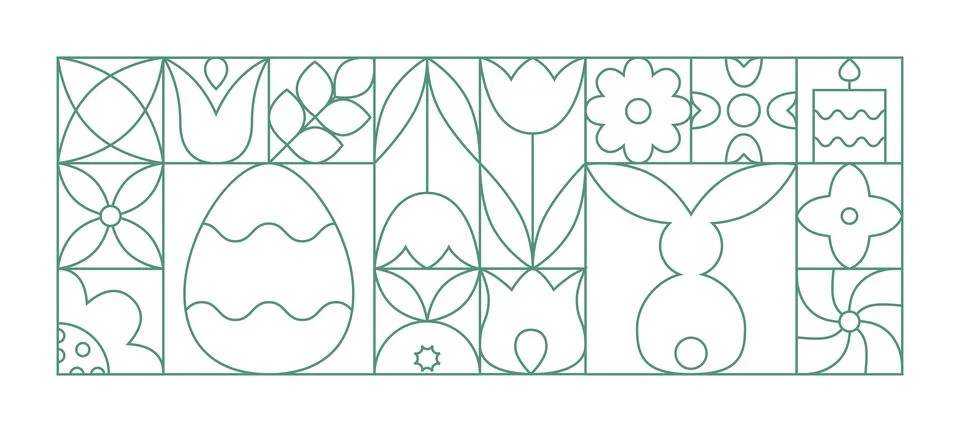 Abstract line easter geometric eggs, bunny, tulips, candle. Spring outline Stock Illustration