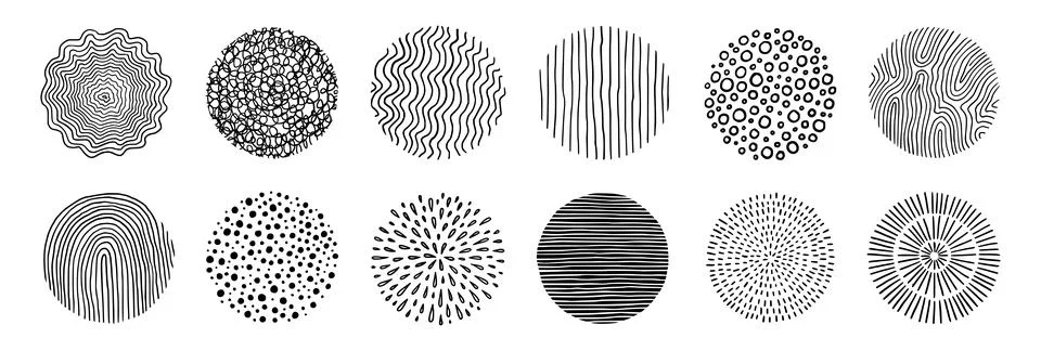 Abstract line pattern circle set. Hand drawn texture, doodle decorative line Stock Illustration