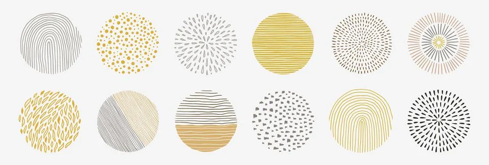 Abstract line pattern circle set. Hand drawn texture, doodle decorative line Stock Illustration
