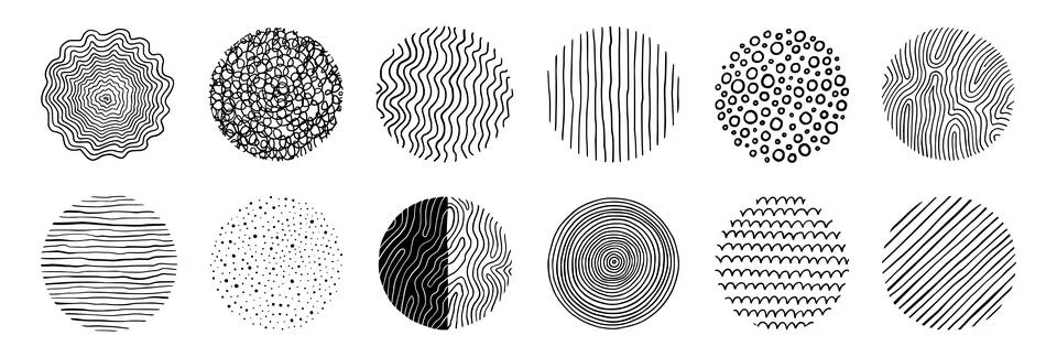 Abstract line pattern circle set. Hand drawn texture, doodle decorative line Stock Illustration