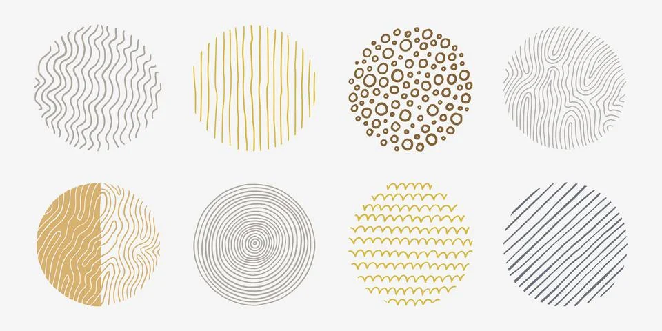 Abstract line pattern circle set. Hand drawn texture, doodle decorative line Stock Illustration