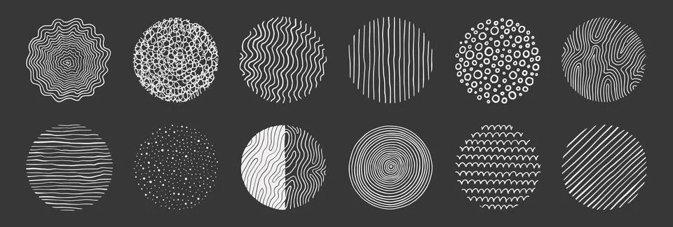 Abstract line pattern circle set. Hand drawn texture, doodle decorative line Stock Illustration