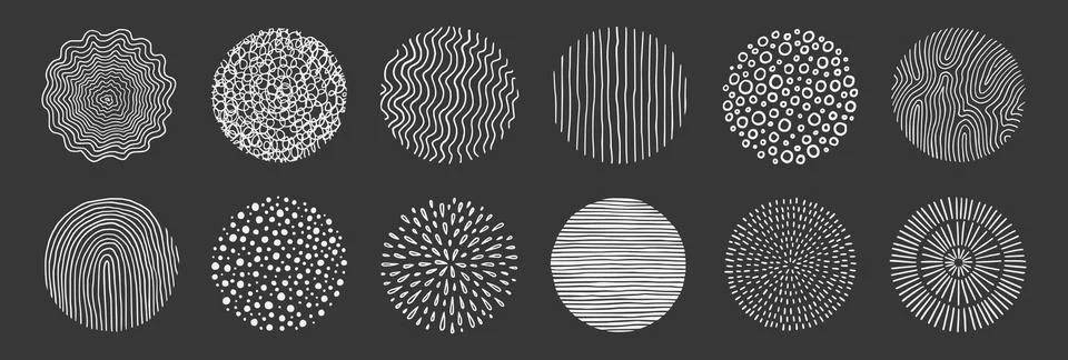 Abstract line pattern circle set. Hand drawn texture, doodle decorative line Stock Illustration