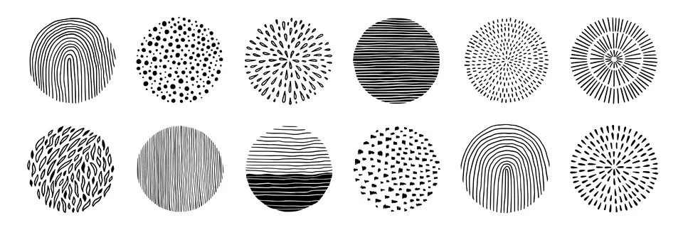Abstract line pattern circle set. Hand drawn texture, doodle decorative line Stock Illustration