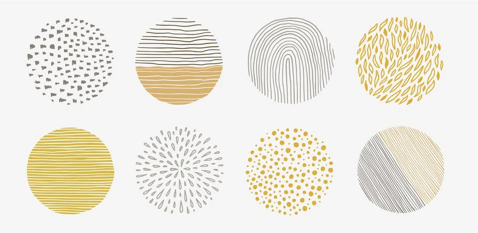 Abstract line pattern circle set. Hand drawn texture, doodle decorative line Stock Illustration