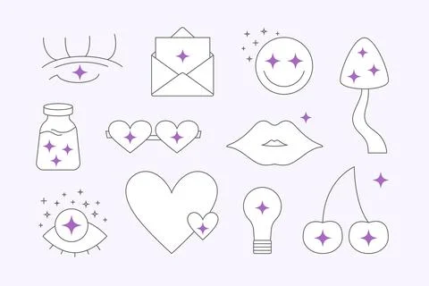 Abstract line retro elements set. Groovy illustrations in 70s and 80s style with Stock Illustration