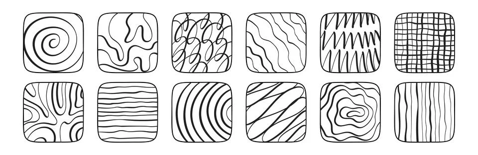 Abstract line set with brush textures and grunge spirals. Hand-drawn geometric Stock Illustration