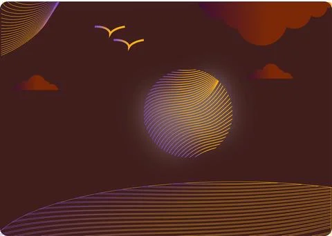 Abstract line srt sunset vector illustration with glowing sun and waves 스톡 일러스트