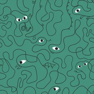 Abstract linear background seamless pattern with cute scary faces. Vector ill Illustrazione stock