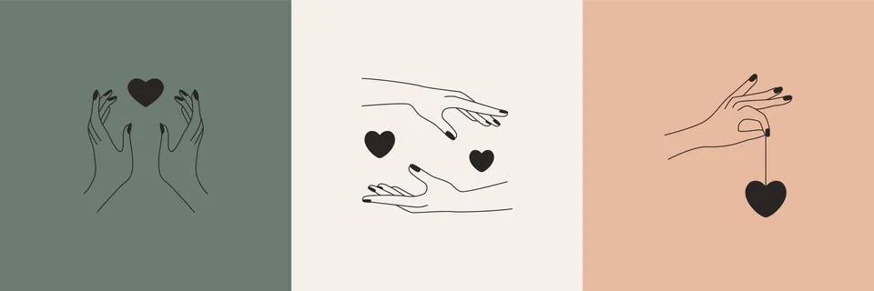 Abstract linear logo design. Minimal boho hands hearts symbols for fashion Stock Illustration
