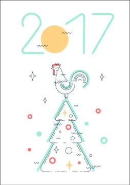 Abstract linear rooster on Christmas tree Stock Illustration