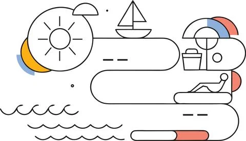 Abstract linear vacation scene with sun umbrella sailboat and person relaxi.. Stock Illustration