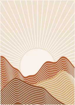 Abstract lined background with sunrise landscape Stock Illustration