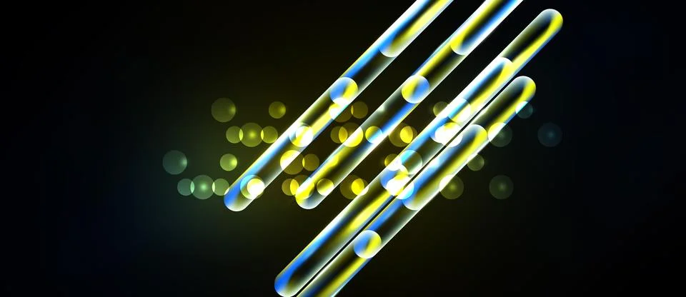 Abstract lines, circles, glowing effects dominate dark background. Bright y.. イラスト素材