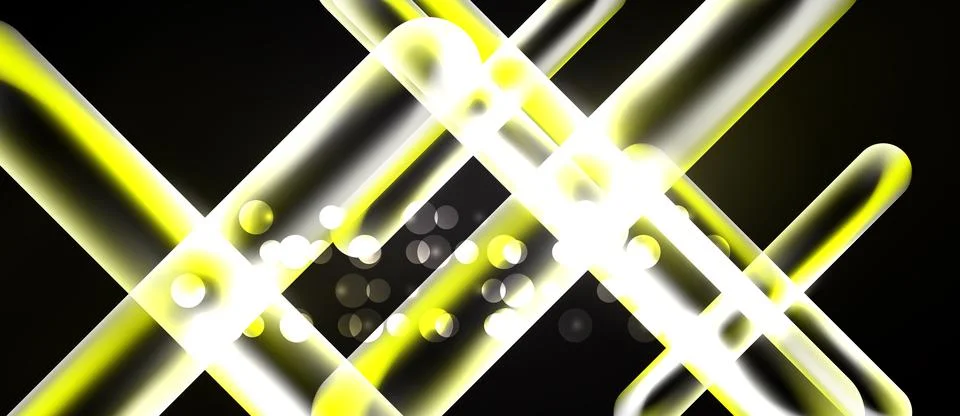 Abstract lines, curves, dots create bright energy. Yellow, white glow against Illustrazione stock